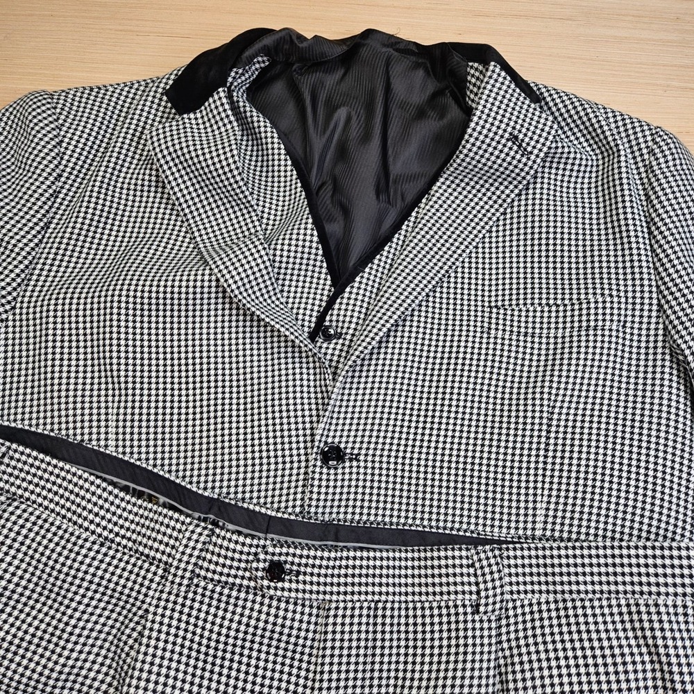 EJ‎ Samuel 3 Piece Suit Mens 54R 48x28 Black Houndstooth Velvet Trim M2692